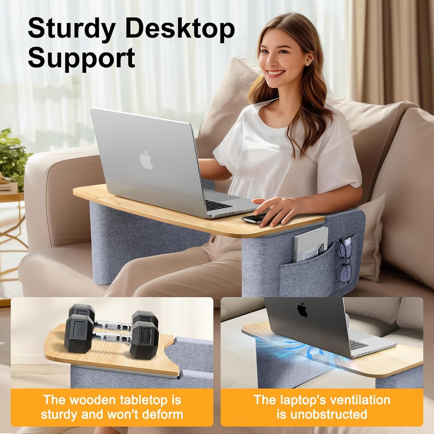 Reading Pillow with Sturdy Wooden Surface, Lap Pillow Desk for Laptop, Arm Rest Pillow for Bed and Gaming, Soft Cushioned Cover, Storage Pockets, Detachable Design, Perfect for Adults and Book Lovers