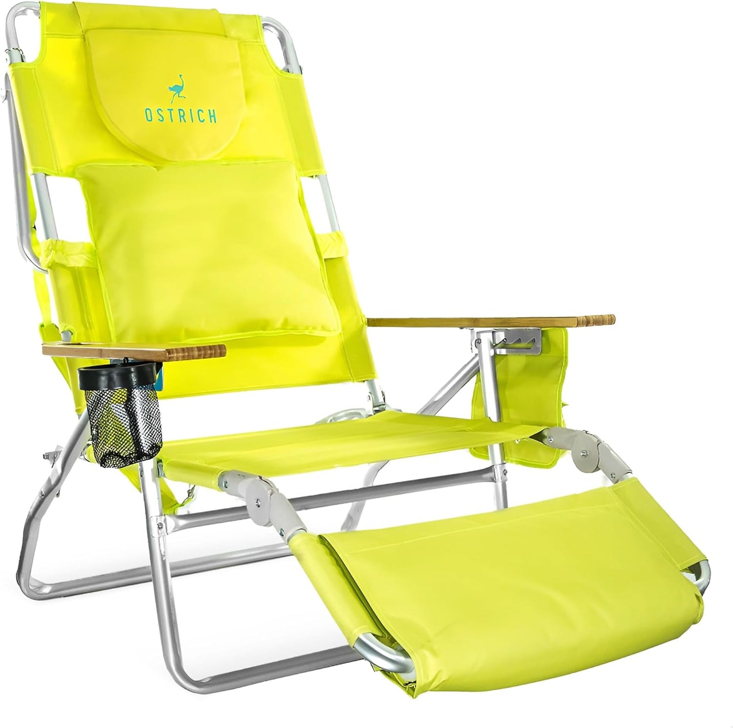 Ostrich Deluxe 3N1 Padded Beach Chair w/ Face Cushion & Arm Holes, Blue - Lightweight Folding Recliner w/ Adjustable Backrest & Footrest, Cup Holder, Side Utility Bag, 275 lb Weight Capacity