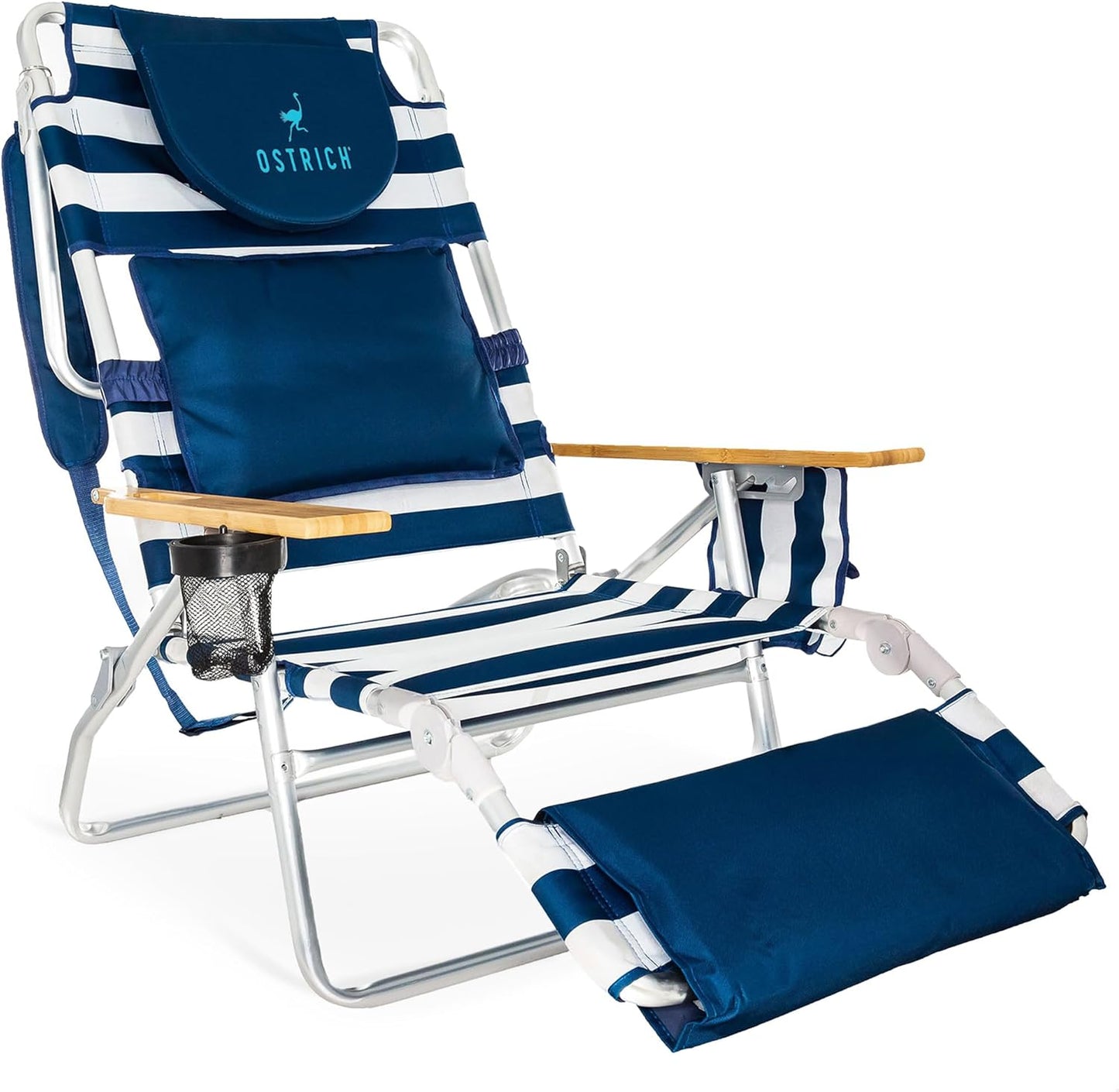 Ostrich Deluxe 3N1 Padded Beach Chair w/ Face Cushion & Arm Holes, Blue - Lightweight Folding Recliner w/ Adjustable Backrest & Footrest, Cup Holder, Side Utility Bag, 275 lb Weight Capacity