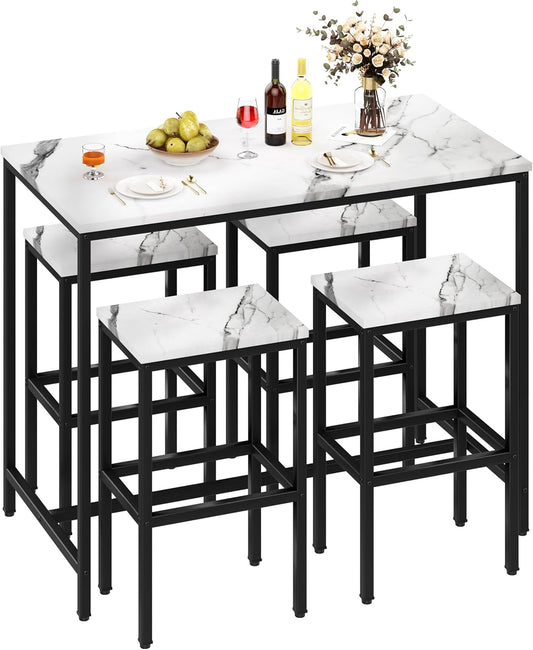 Yongchuang 5 Piece Bar Table Set, Kitchen Bar Table and Chairs Set of 4, Modern Metal Counter Height Table with Stools for Dining Room, Living Room Breakfast Table White Faux Marble Wood Top