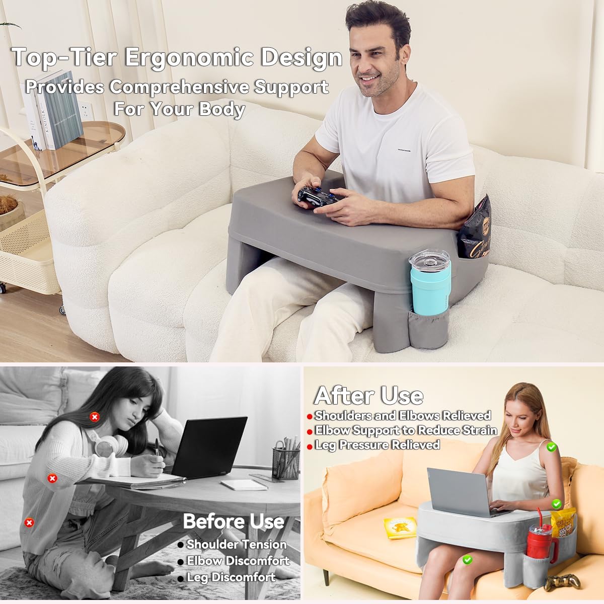 Reading Pillow for Gaming,Soft Lap Desk Pillow for Laptop,Ultimate Lap Pillow with Cup Holder Pocket,Comfort Laptop Lap Desk for Bed Couch Car (Gray, Large)