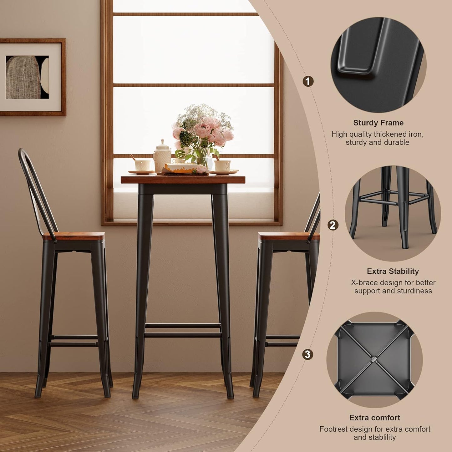 Aiho Bar Table and Chairs Set, Pub Table and Chairs Set of 2, with Elm Solid Wood and Thickened Metal Frame, for Bar, Small Space, Bistro Cafe