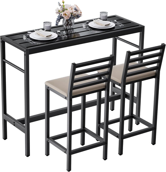 3PCS Outdoor Patio Bar Set, Outdoor Stainless Steel Patio Bar Set with 55'' Height Bar Table & 2 Cushioned Bar Set, Metal Bar Table and Chairs Set for Outside, Patio,Backyard (50''L x 16''W x 38''H)