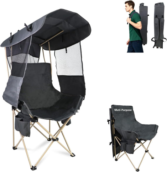 Folding Camping Chairs Canopy Outdoor: Sports Portable Beach Chair with Canopy-Lawn Beach Chairs with Umbrella for Adults-Camping Chair with Shade for Fishing Camp Heavy Duty (Regular, Grey)