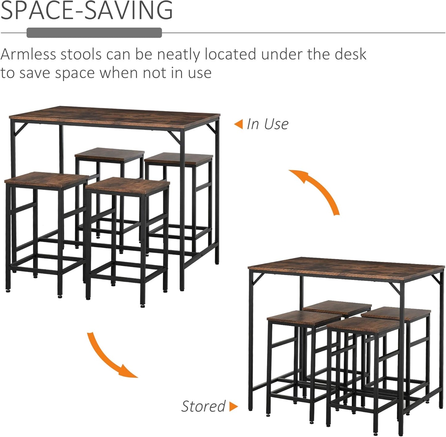 HOMCOM 5-Piece Industrial Dining Table Set, Bar Table & 4 Stools Set, Space Saving for Pub & Kitchen, Black/Brown