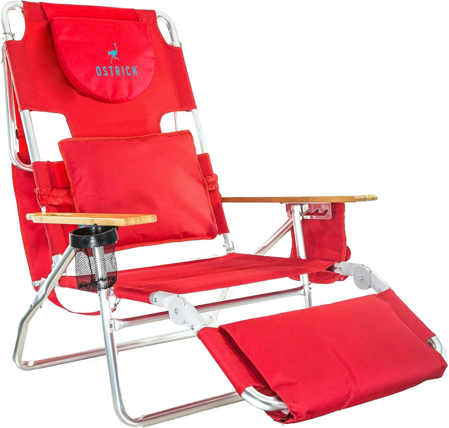 Ostrich Deluxe 3N1 Padded Beach Chair w/ Face Cushion & Arm Holes, Blue - Lightweight Folding Recliner w/ Adjustable Backrest & Footrest, Cup Holder, Side Utility Bag, 275 lb Weight Capacity