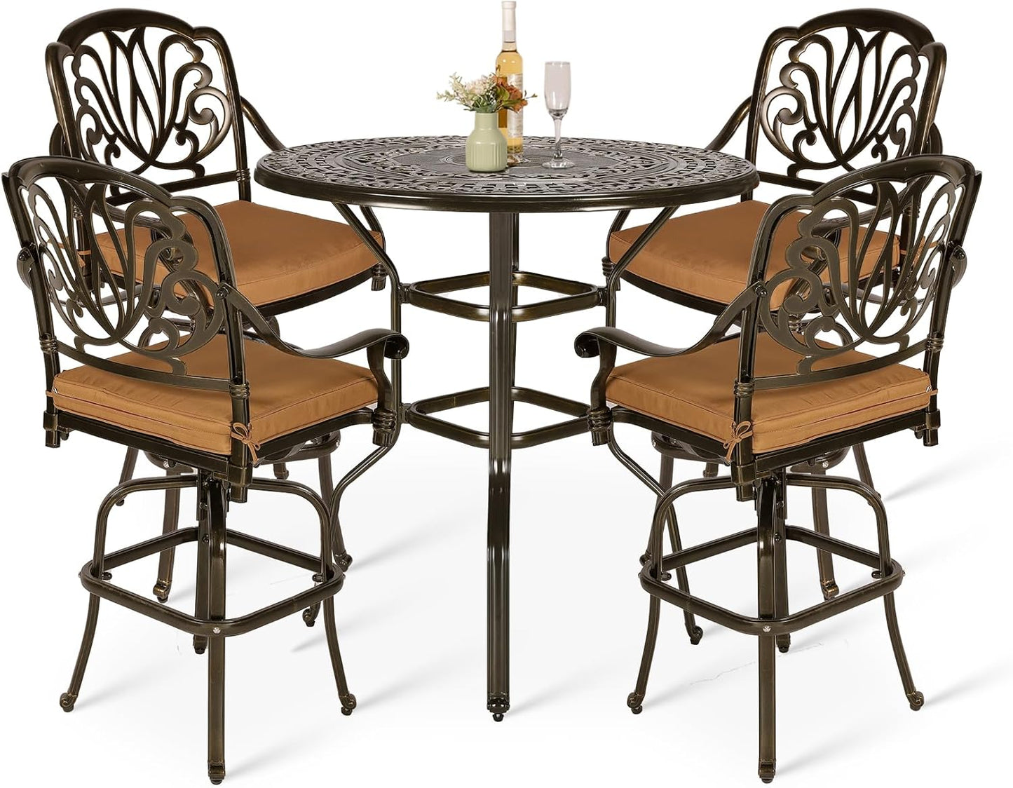 VIVIJASON 10-Piece High Patio Dining Set, All Weather Cast Aluminum Outdoor Bar Table and Chairs Set, Includes 8 Swivel Bar Stools & 64" Bar Height Dining Table with 35.5" Lazy Susan, Umbrella Hole