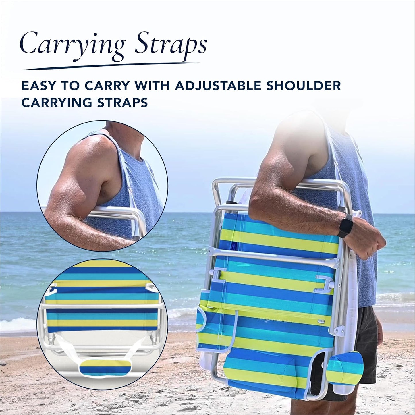 Caribbean Joe Folding Beach Chair, 5 Position Lightweight, Portable Reclining Outdoor Camping Chair with Headrest, Shoulder Strap, and Cup Holder, Bold Stripe