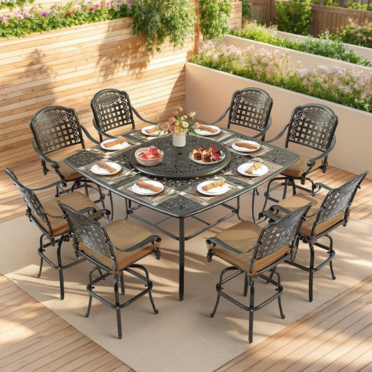 VIVIJASON 10-Piece High Patio Dining Set, All Weather Cast Aluminum Outdoor Bar Table and Chairs Set, Includes 8 Swivel Bar Stools & 64" Bar Height Dining Table with 35.5" Lazy Susan, Umbrella Hole