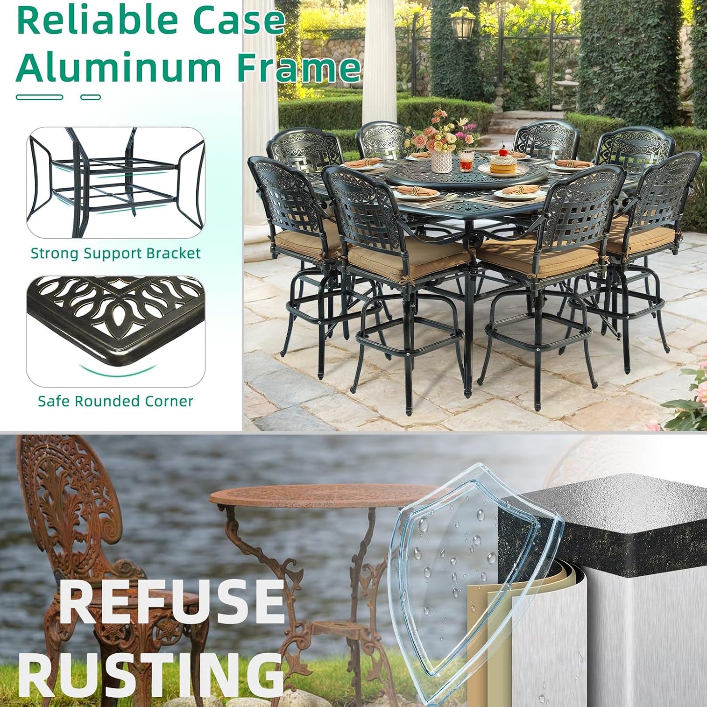 VIVIJASON 10-Piece High Patio Dining Set, All Weather Cast Aluminum Outdoor Bar Table and Chairs Set, Includes 8 Swivel Bar Stools & 64" Bar Height Dining Table with 35.5" Lazy Susan, Umbrella Hole