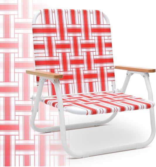 Sekey Camping Chair, Beach Chair for Adults with Highback, Folding Lawn Chair with Webbed Airflow Mesh, Patio Chair with Rust-Proof Coating, Webbed Lawn Chair for Outdoor, Fishing, Backyard, Red
