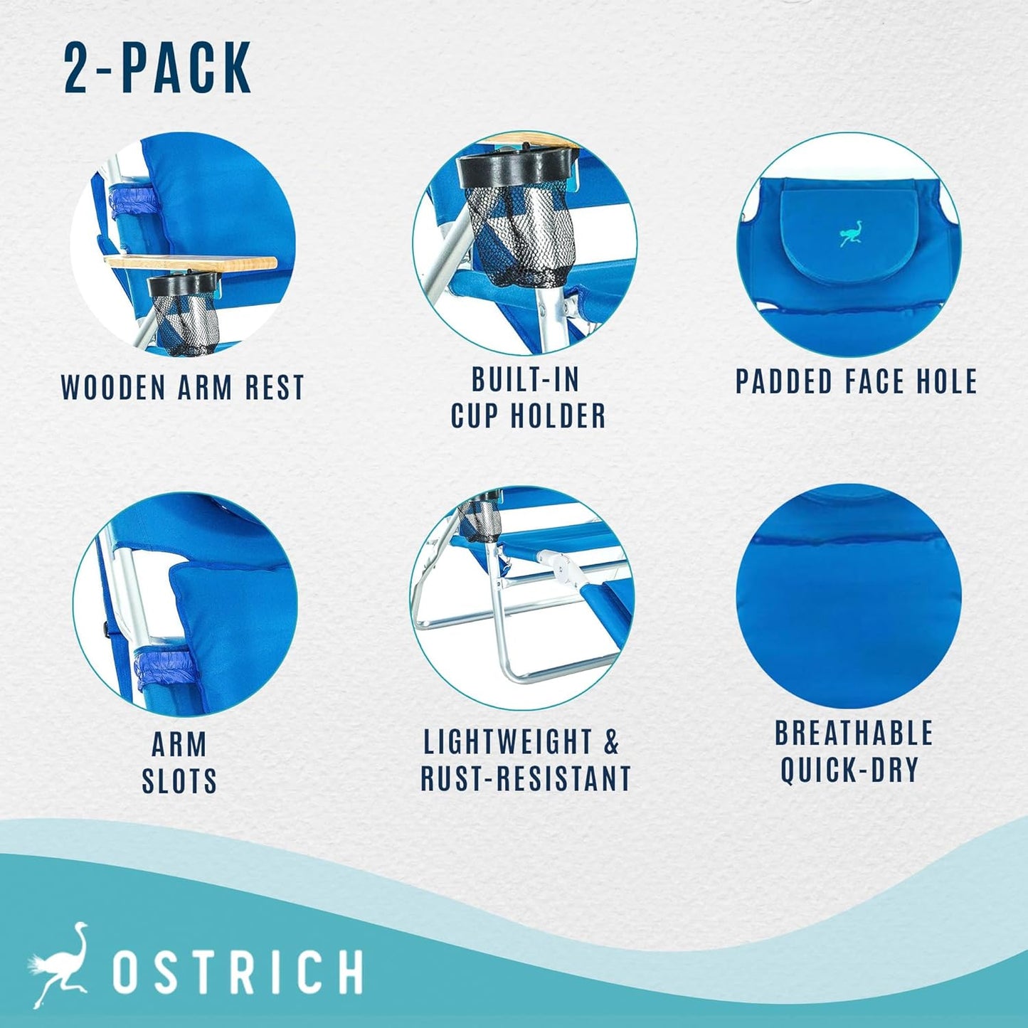 Ostrich Deluxe 3N1 Padded Beach Chair w/ Face Cushion & Arm Holes, Blue - Lightweight Folding Recliner w/ Adjustable Backrest & Footrest, Cup Holder, Side Utility Bag, 275 lb Weight Capacity