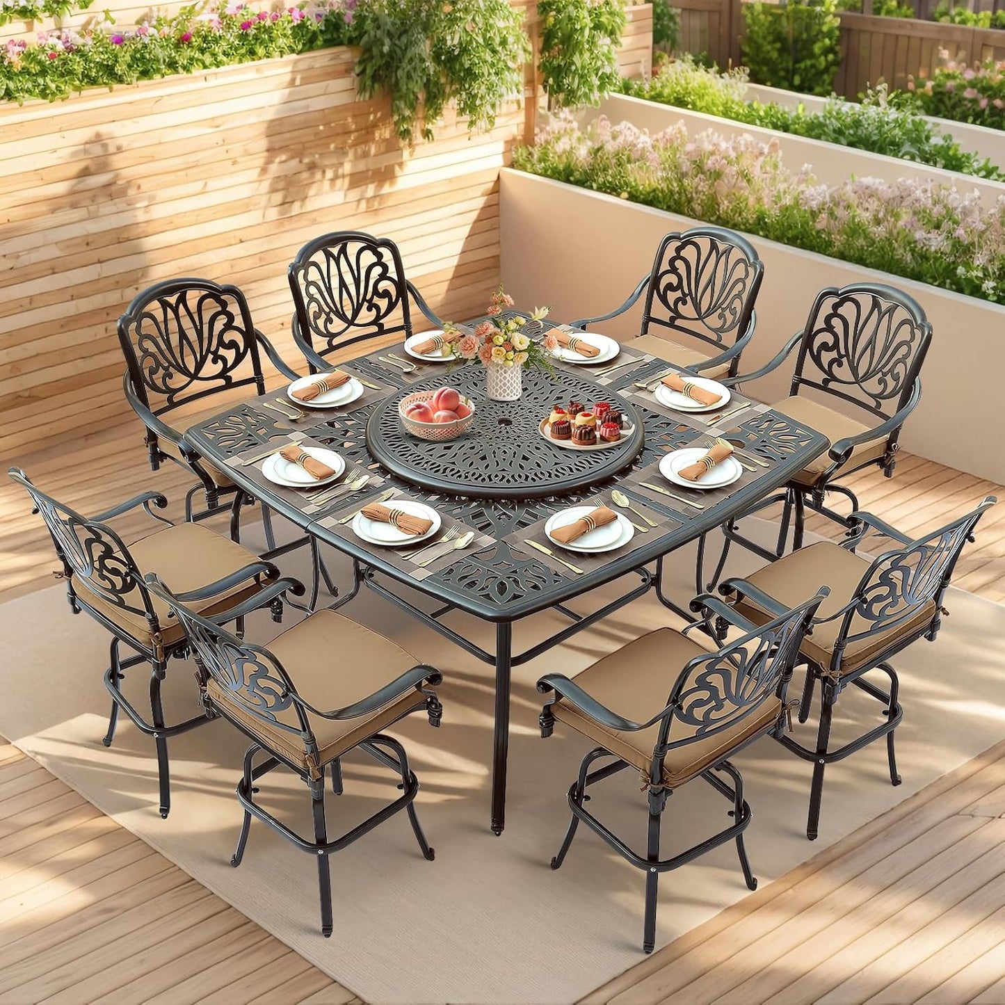 VIVIJASON 10-Piece High Patio Dining Set, All Weather Cast Aluminum Outdoor Bar Table and Chairs Set, Includes 8 Swivel Bar Stools & 64" Bar Height Dining Table with 35.5" Lazy Susan, Umbrella Hole