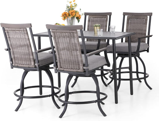 PHI VILLA 5 PCS Outdoor Counter Height Table and Chairs,Swivel Outdoor Bar Chairs with Grey Cushion and Metal bar Table for All Weather,Patio High Dining Set for Indoor,Garden,Yard