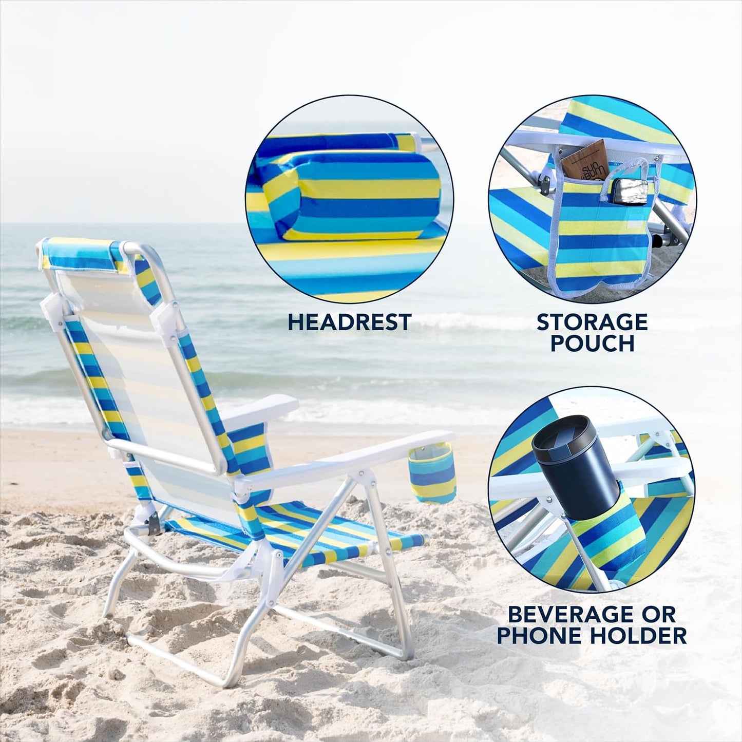 Caribbean Joe Folding Beach Chair, 5 Position Lightweight, Portable Reclining Outdoor Camping Chair with Headrest, Shoulder Strap, and Cup Holder, Bold Stripe