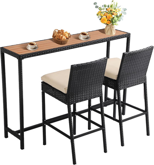 Patio Bar Dining Set,Outdoor Durable Bar Height Table & Cushioned Bar Stools, Metal Bar Table and Chairs Set for Balcony, Backyard, Porch, Poolside (3pcs with 63" Rattan Table)