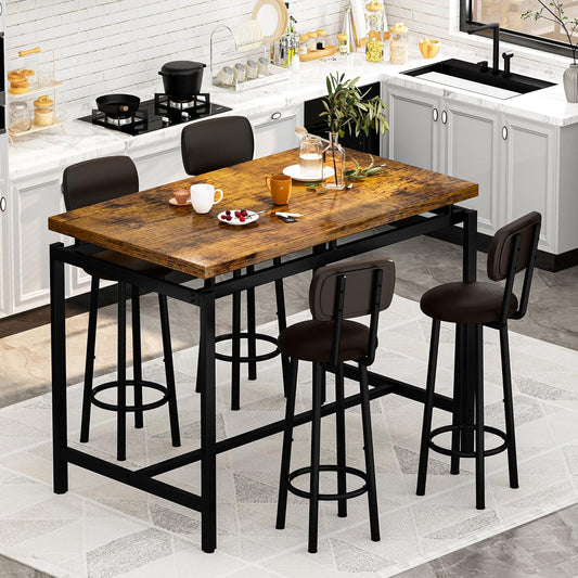 DKLGG Dining Table Set for 4 Modern Bar Table and Chairs Set, Kitchen Table with 4 PU Upholstered Backrest Stool, Counter Height Table Set for Breakfast Nook & Small Space (Rustic Brown)