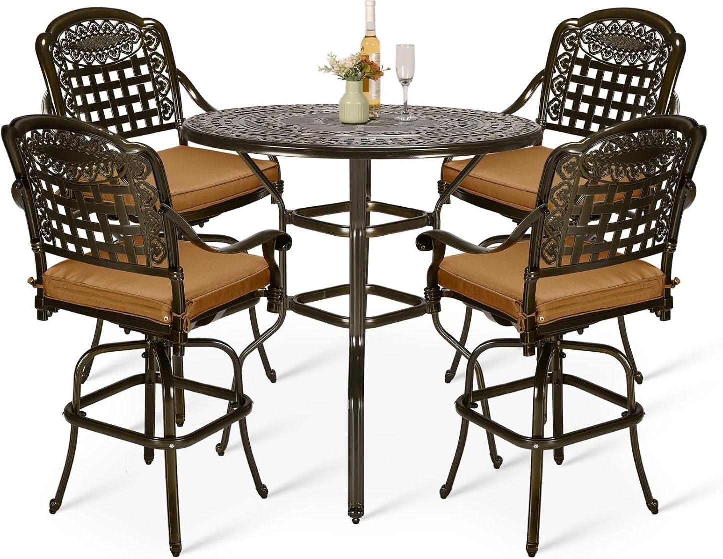 VIVIJASON 10-Piece High Patio Dining Set, All Weather Cast Aluminum Outdoor Bar Table and Chairs Set, Includes 8 Swivel Bar Stools & 64" Bar Height Dining Table with 35.5" Lazy Susan, Umbrella Hole