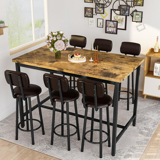 DKLGG 7-Piece Dining Table Set, 50" Bar Table Set for 6 with MDF & Metal Frame, Tall Dining with 6 PU Leather Chairs, Saving Space Pub and Chairs Sets for Bar, Kitchen, Brown