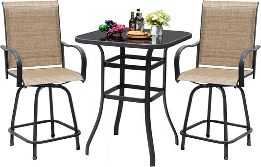 Devoko Patio Swivel Bar Set 3 Pieces Patio High Top Bar Table and Stools Chairs Set Textilene Sling Fabric Outdoor Bar Stools Set of 2 for Garden, Balcony