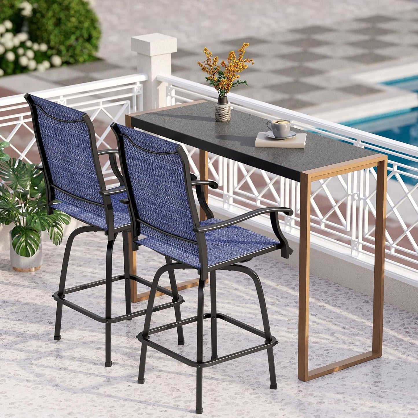 PHI VILLA 7 Piece Outdoor Bar Dining Set, High Top Patio Table and Chairs with 6 Swivel Teal Bar Stools & 40" Rectangle Metal Bar Table for Garden, Yard and Deck