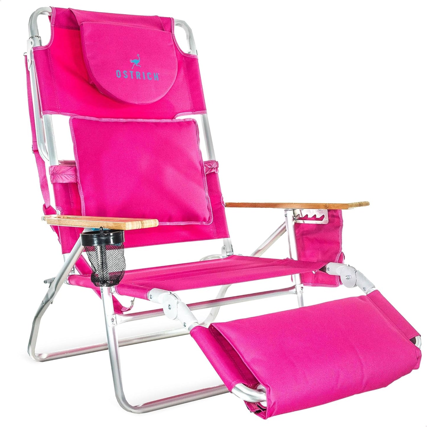 Ostrich Deluxe 3N1 Padded Beach Chair w/ Face Cushion & Arm Holes, Blue - Lightweight Folding Recliner w/ Adjustable Backrest & Footrest, Cup Holder, Side Utility Bag, 275 lb Weight Capacity