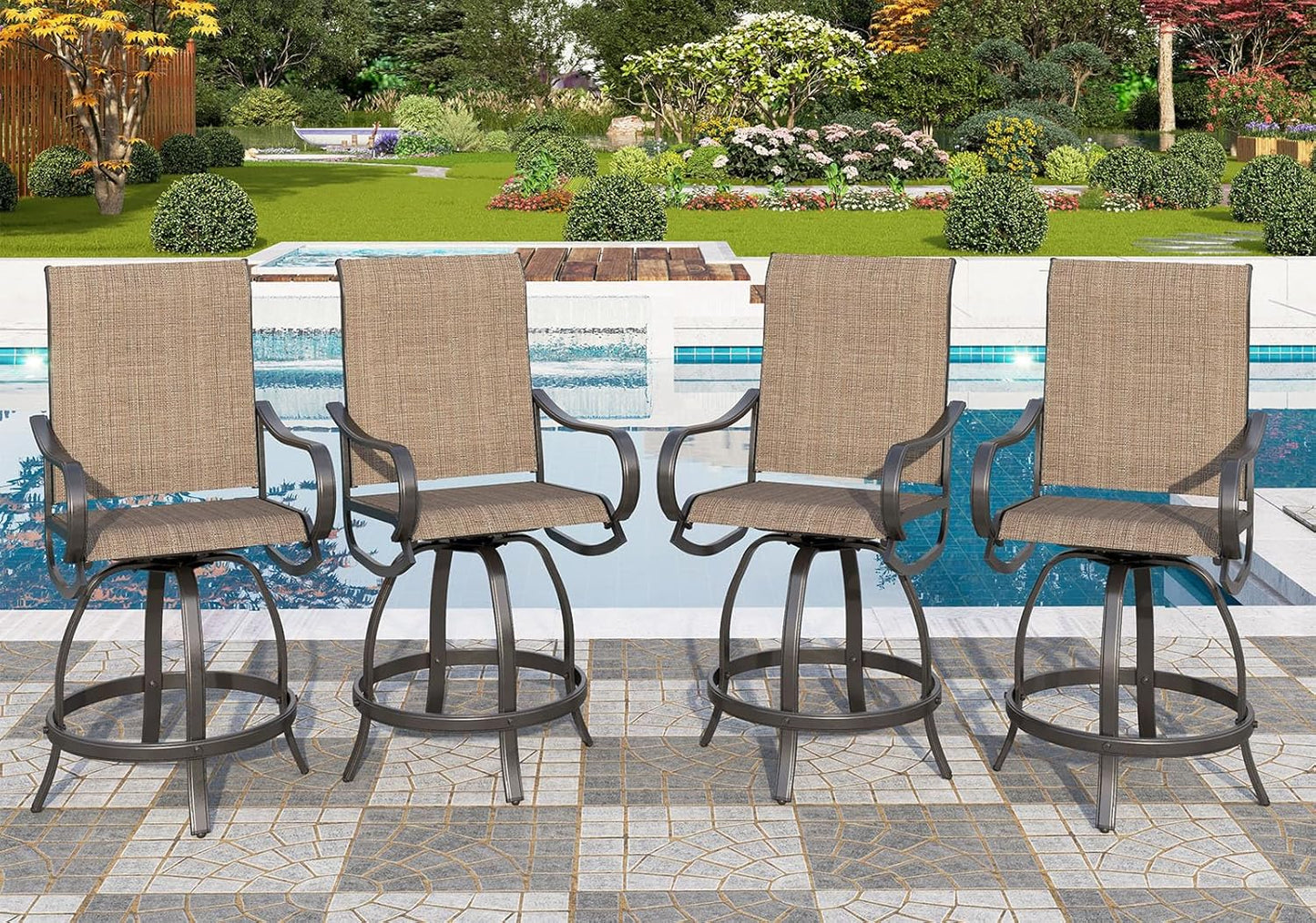 PHI VILLA 5 PCS Outdoor Bar Set, Counter Height Swivel Chair with Rectangle Metal Table, Textilene Fabric and Quick-Drying Waterproof,High Patio Set for Garden, Yard, Poolside