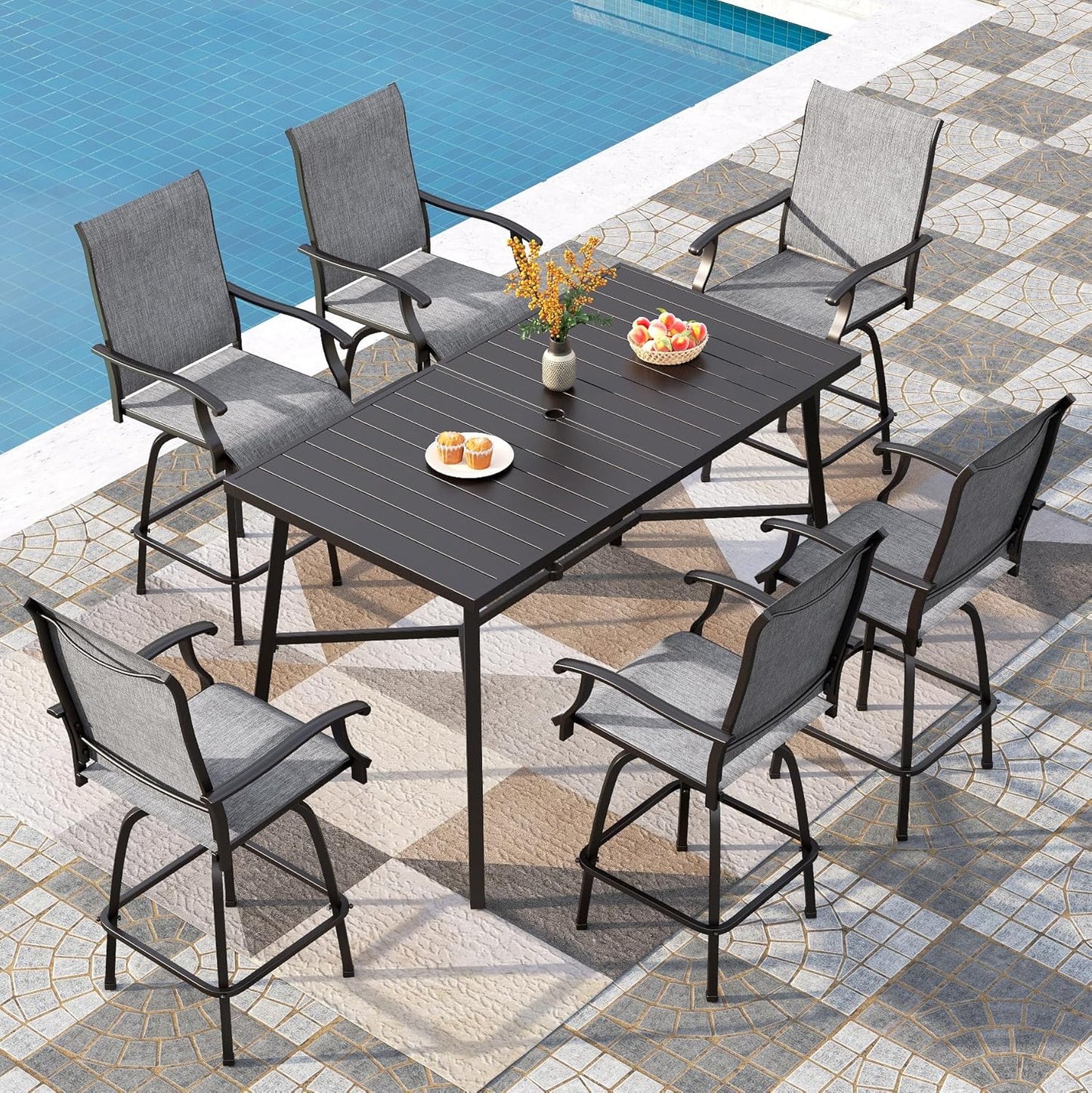 PHI VILLA 7 Piece Outdoor Bar Dining Set, High Top Patio Table and Chairs with 6 Swivel Teal Bar Stools & 40" Rectangle Metal Bar Table for Garden, Yard and Deck