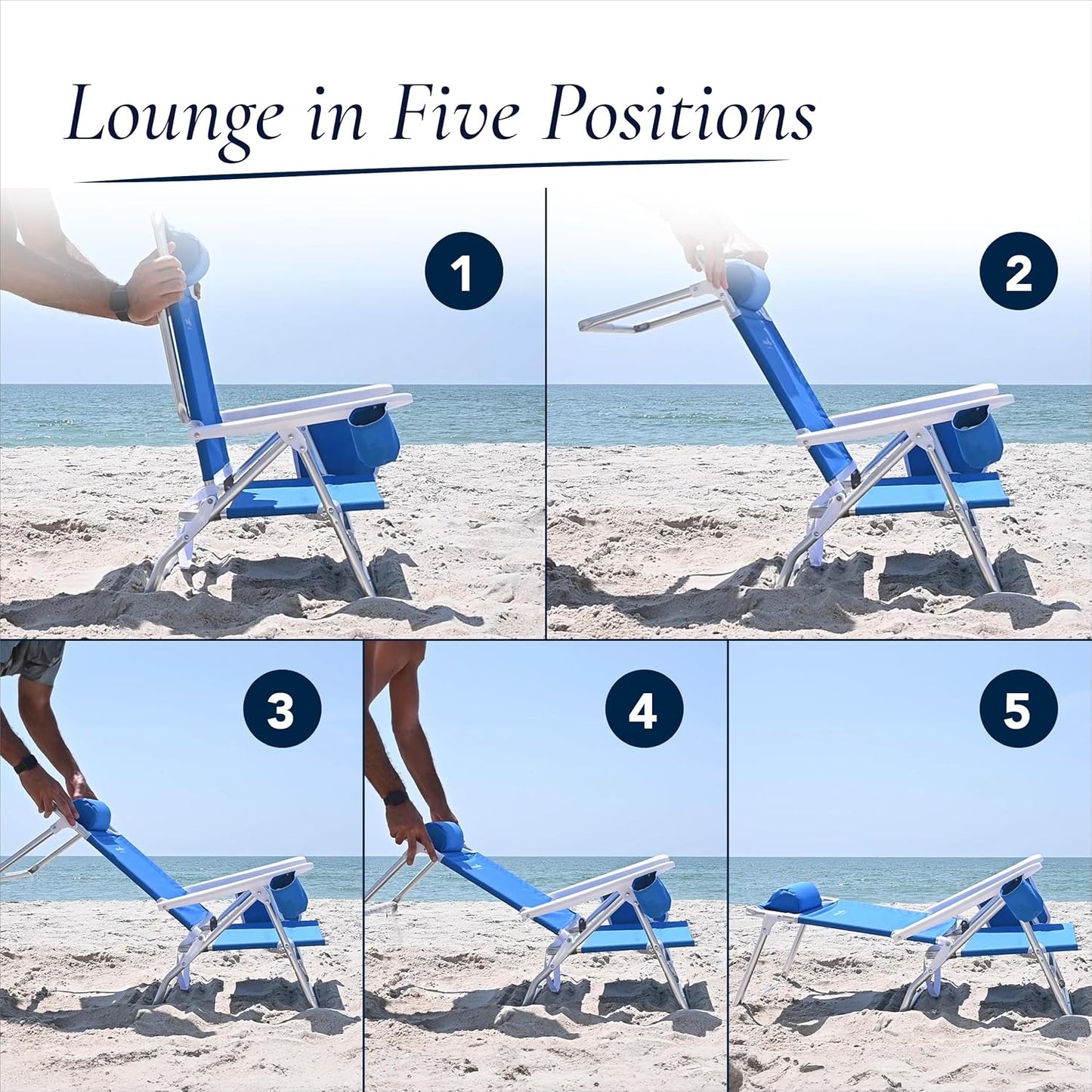 Caribbean Joe Folding Beach Chair, 5 Position Lightweight, Portable Reclining Outdoor Camping Chair with Headrest, Shoulder Strap, and Cup Holder, Bold Stripe
