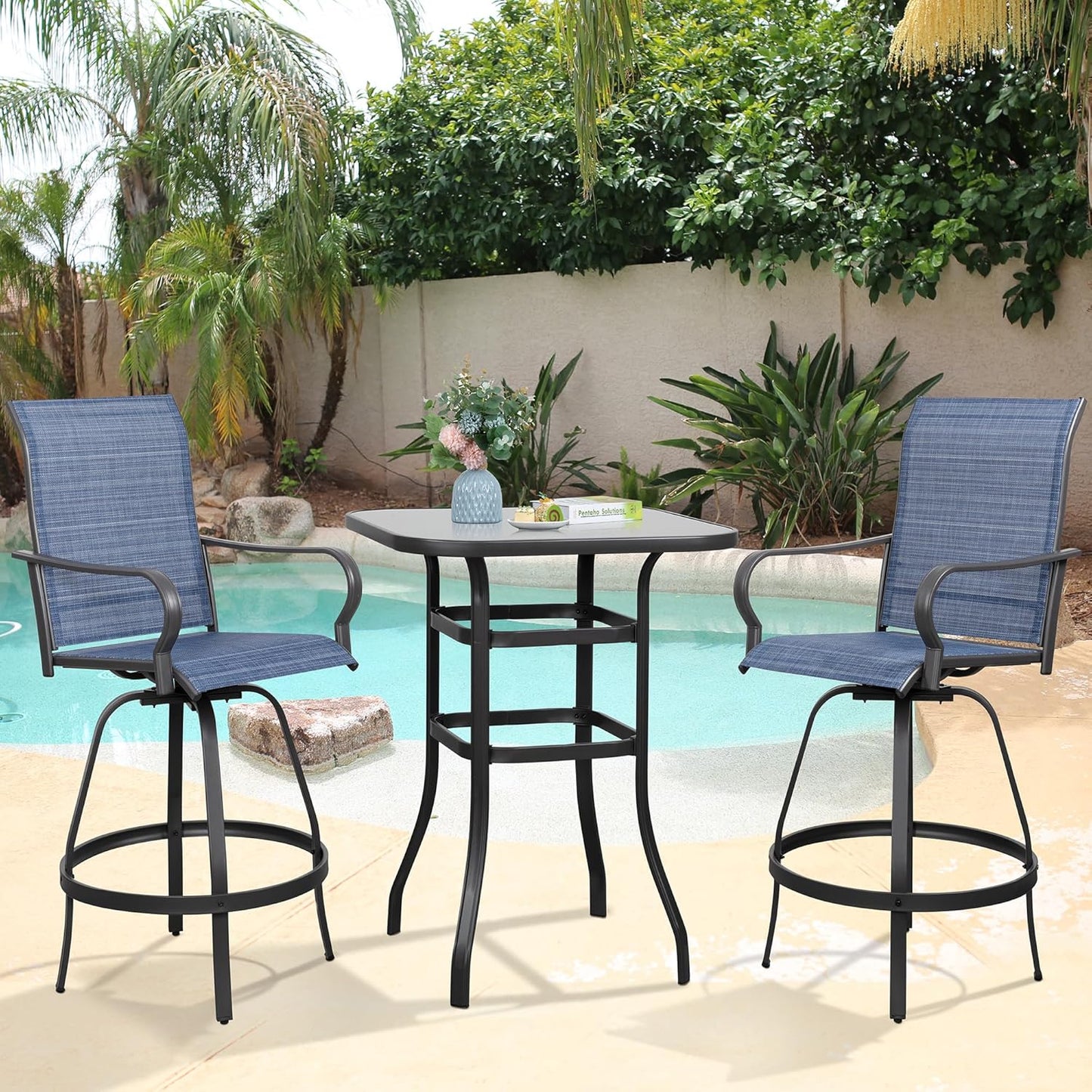 Vongrasig 5 Piece Patio Swivel Bar Set, All Weather Metal Textilene High Stools Chair Set of 4 and Glass Table, Outdoor Top Bistro for Lawn Garden, Balcony, Taupe Padded Gray VG-HGB4C1T