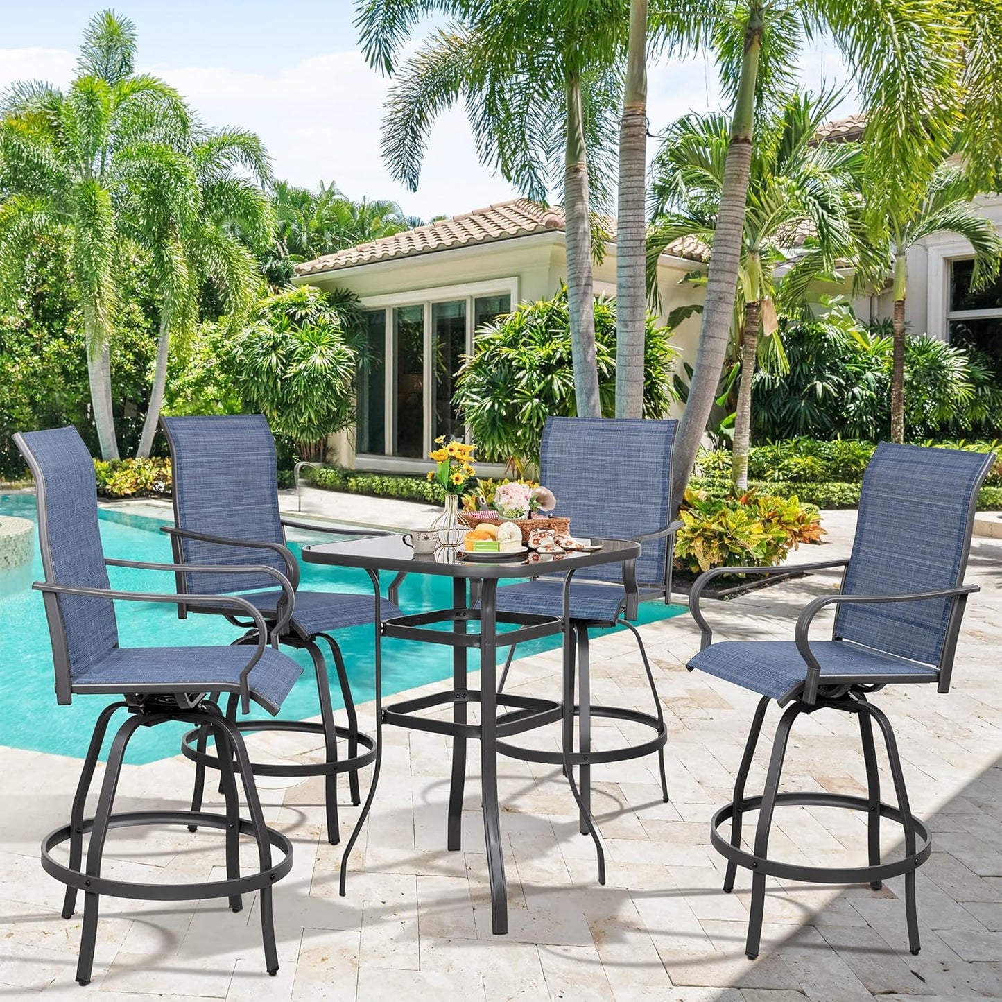 Vongrasig 5 Piece Patio Swivel Bar Set, All Weather Metal Textilene High Stools Chair Set of 4 and Glass Table, Outdoor Top Bistro for Lawn Garden, Balcony, Taupe Padded Gray VG-HGB4C1T