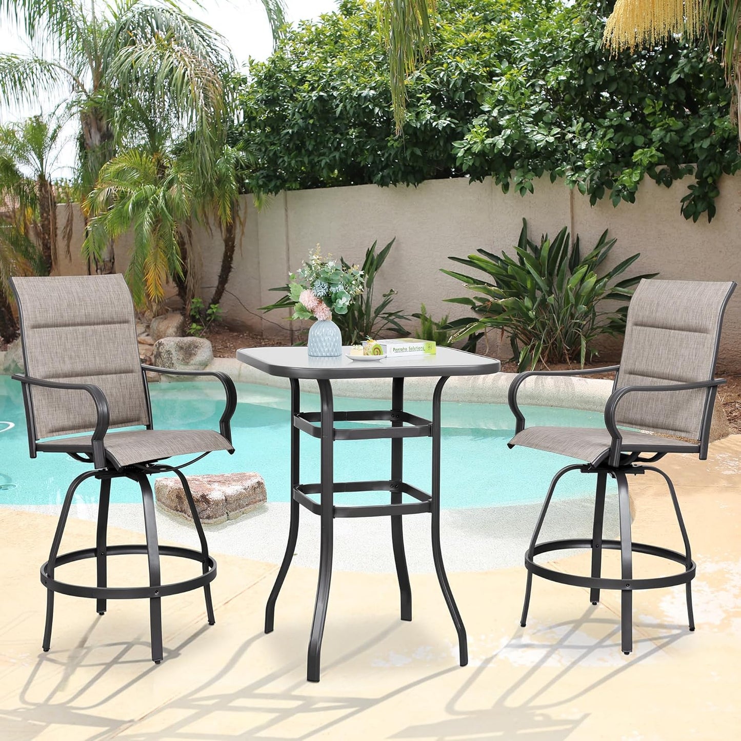 Vongrasig 5 Piece Patio Swivel Bar Set, All Weather Metal Textilene High Stools Chair Set of 4 and Glass Table, Outdoor Top Bistro for Lawn Garden, Balcony, Taupe Padded Gray VG-HGB4C1T
