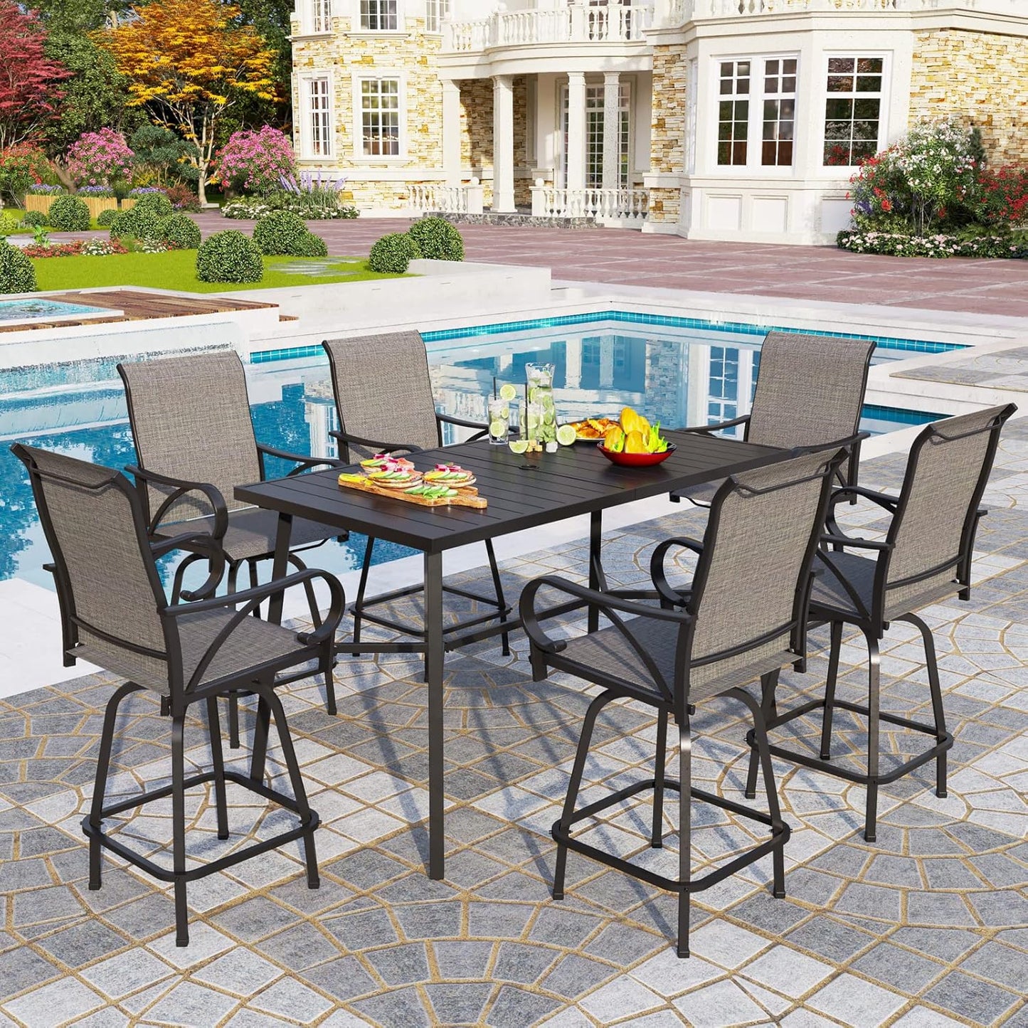 PHI VILLA 7 Piece Outdoor Bar Dining Set, High Top Patio Table and Chairs with 6 Swivel Teal Bar Stools & 40" Rectangle Metal Bar Table for Garden, Yard and Deck