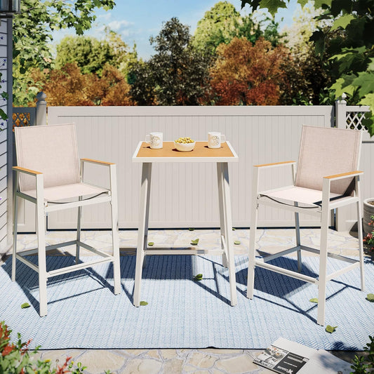 LAUSAINT HOME 3-Piece Patio Bar Set, All Weather Textilene Bar Height Table and Chairs Set with Wood Like-Top Table, Metal Counter Height Bar Stools and Table Set for Garden, Deck, Balcony