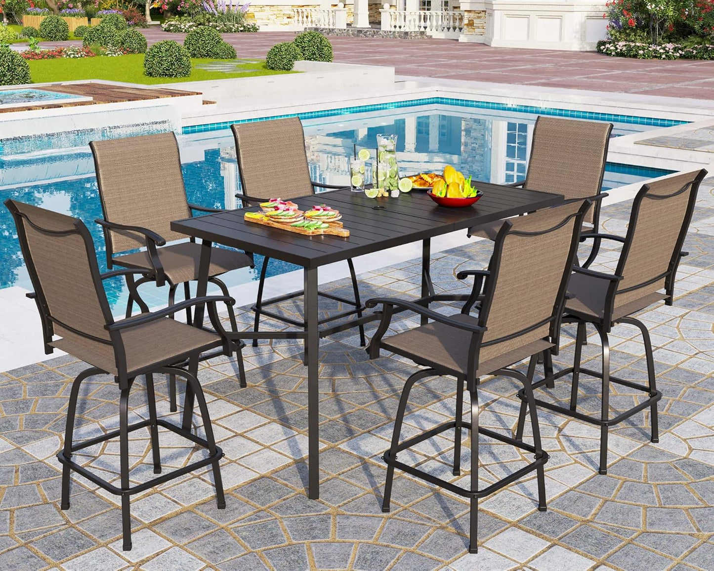 PHI VILLA 7 Piece Outdoor Bar Dining Set, High Top Patio Table and Chairs with 6 Swivel Teal Bar Stools & 40" Rectangle Metal Bar Table for Garden, Yard and Deck