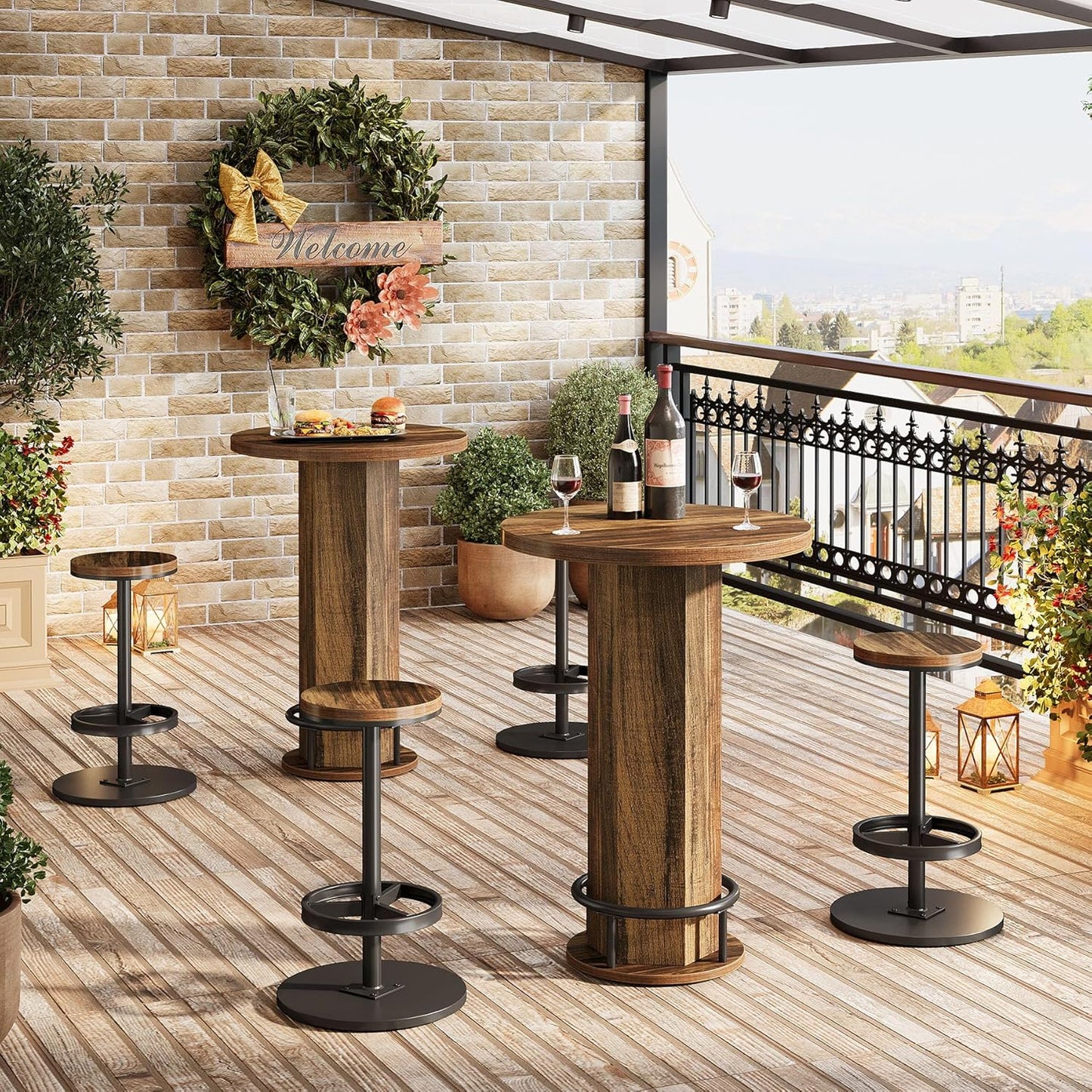 Tribesigns Round Bar Table with Chairs, Industrial Bistro Sets with 2 barstools, Pub Cocktail Table with Metal Ring Footrest for Kitchen Nook, Apartment, Small Space